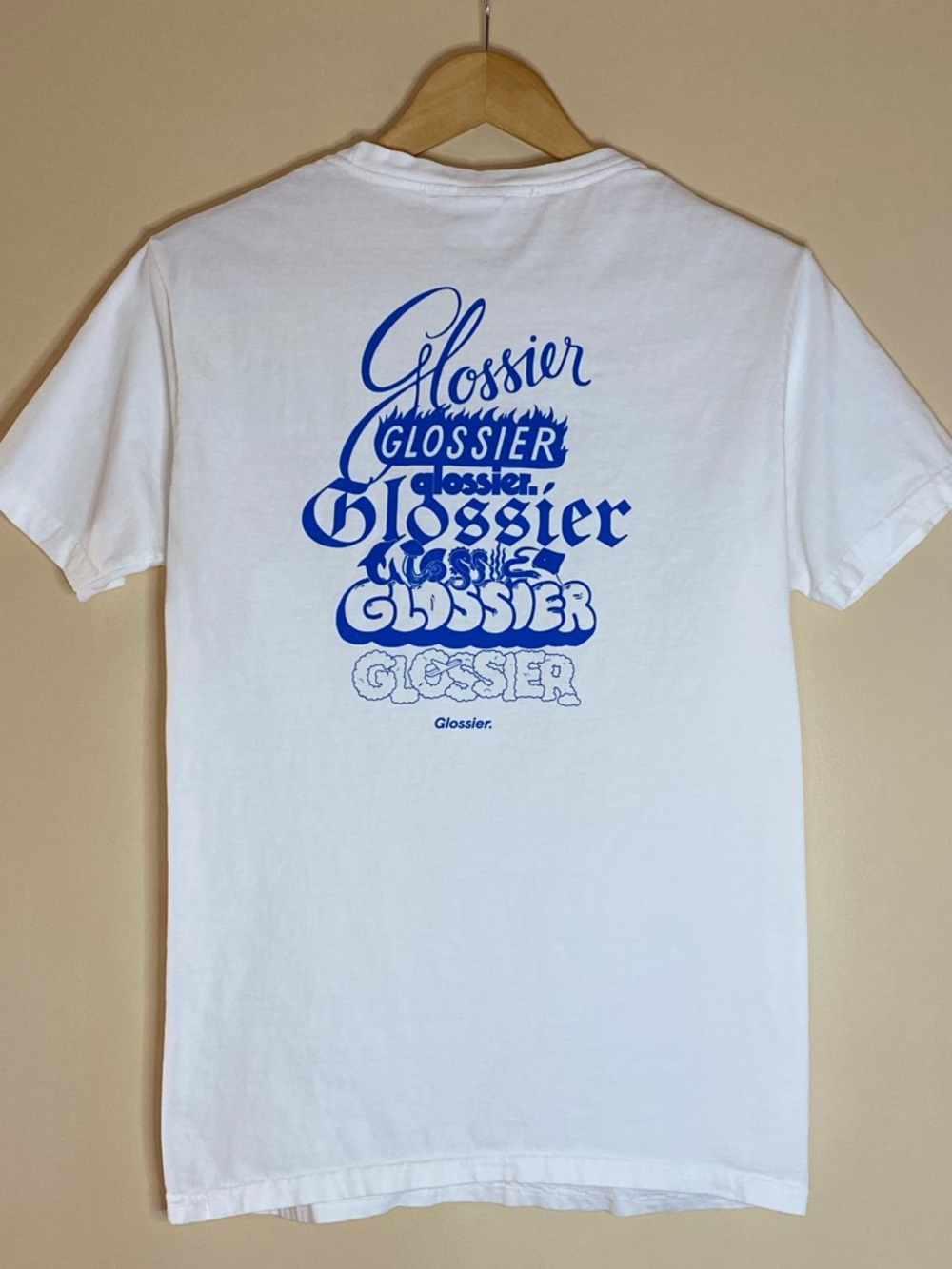 Glossier White Graphic Tee, Blue Logo Front and Back, Minimalist Street, Size S